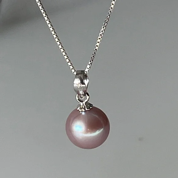 Real Round 3A Purple Freshwater Pearl Pendant 925 Sterling Silver Necklace - Picture 5 of 14